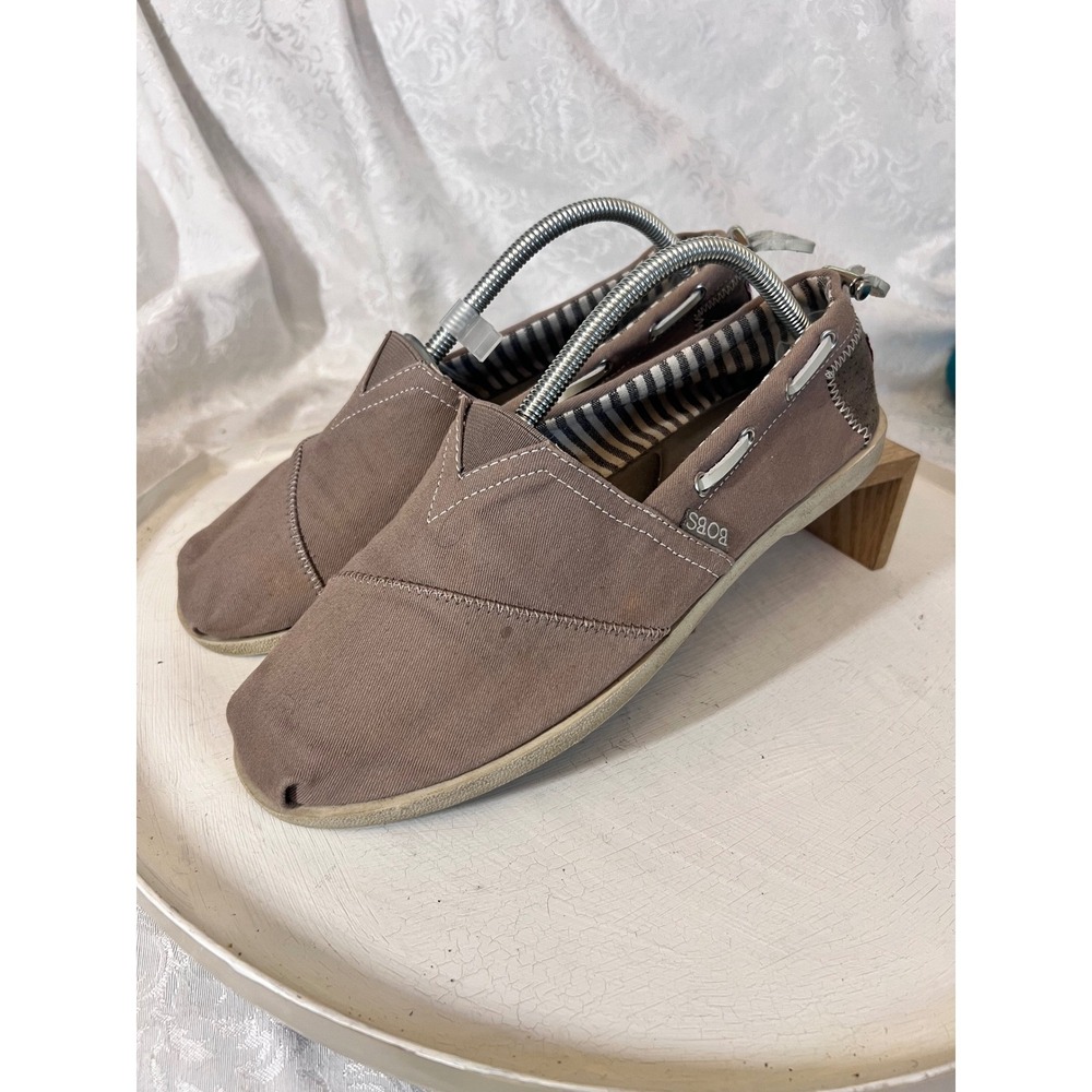 Skechers BOBS Women 11 Taupe Canvas Slip On Shoes 33738 DKTP Boat Shoe Flats